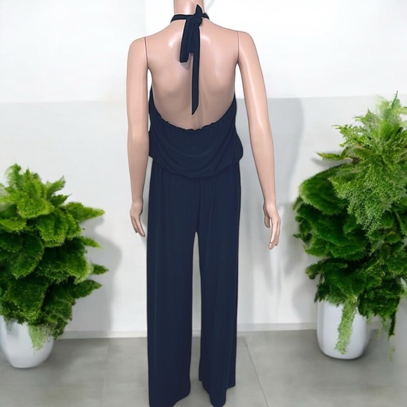 Black with Silver Ring Tie Neck Sleeveless Halter Wide Leg Jumpsuit - Picture 14 of 16